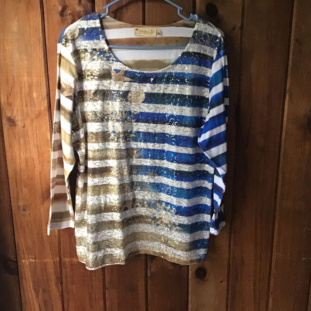 Impulse California Top XL Striped Long Sleeve Beach Nautical Sequins